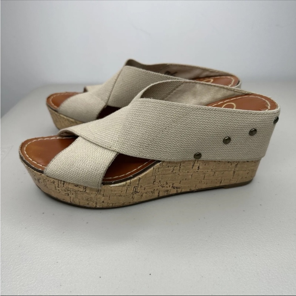 Madeline Adonis Wedge Sandal 7.5 M Cream Tan Peep Toe Canvas Cork Heel Shoe